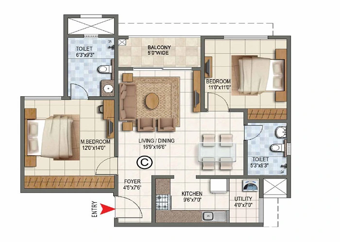 Unit Layout - 3 BHK Birla Evara 3 BHK Floor Plan