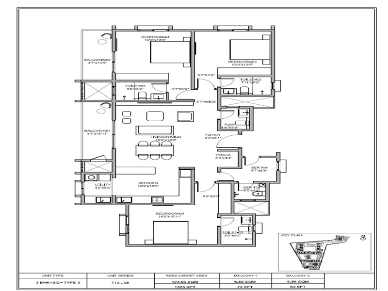 Unit Variants & Sizes 3 BHK Plus Maids Floor Plan