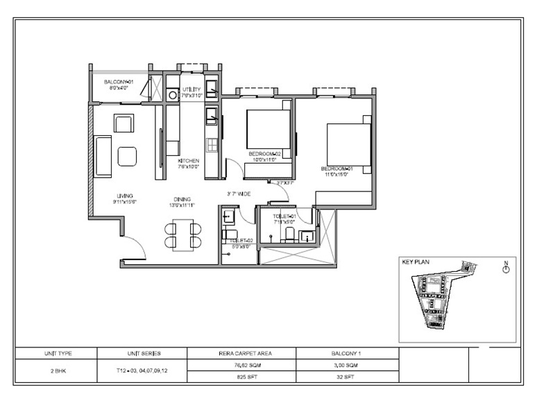 Birla Evara 2 BHK 825 Sq Ft Floor Plan