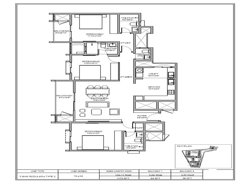 Birla Evara 3 BHk Regular 1175 Sq.ft Floor Plan